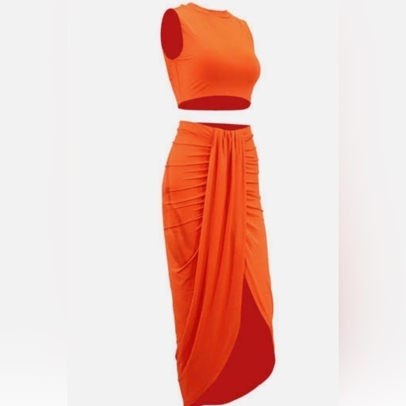 ORANGE SLEEVELESS ROUND NECK CROP TOP DRAPED HIGH LOW SPLIT MIDI TWO PIECE DRESS - Picture 4 of 5